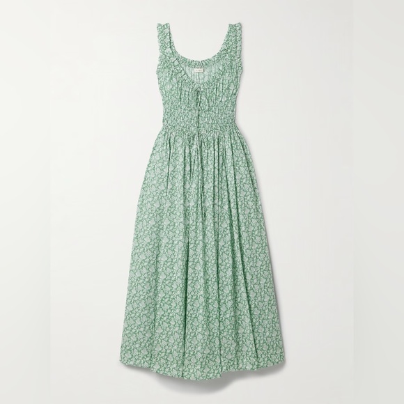 Doen Emmaretta Dress Maxi Cotton Smocked Floral Green Peridot Tea Medium EUC - Picture 7 of 8